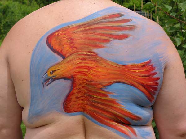 fredhatt-red-bird Firebird, 2002, bodypaint and photo by Fred Hatt
