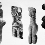 Small paleolithic figurines, from left to right, vitreous rock from the Riviera, hematite from Moravia, mammoth ivory from Ukraine, and mammoth bone from Russia, figs. 121 thru 124 from The Way of the Animal Powers, by Joseph Campbell